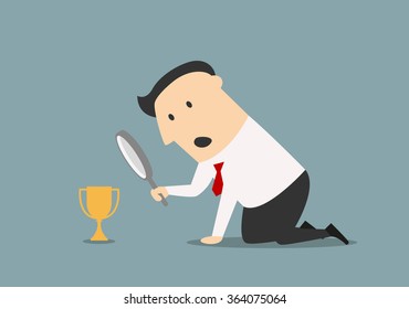 Cartoon disappointment businessman looking at little golden trophy cup through magnifying glass. Competition business concept