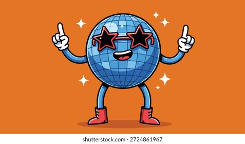 Una bola de discoteca de dibujos animados con una cara sonriente, con gafas de sol rojas en forma de estrella y botas rojas, con los brazos levantados y los dedos apuntando hacia arriba.