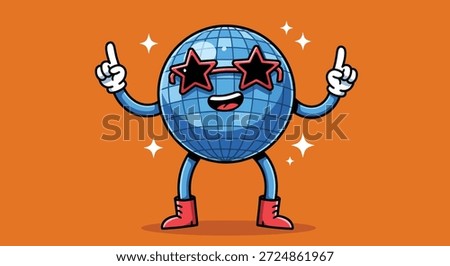 A cartoon disco ball with a smiling face, wearing red star-shaped sunglasses and red boots, with arms raised and fingers pointing upwards.