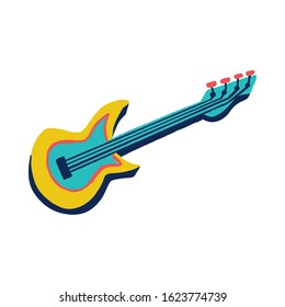 Cartoon disco retro 90s style electric guitar icon isolated on white background. Vector illustration