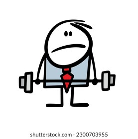 Un empresario con un traje de negocios insatisfecho no puede levantar una pesada panza. Imagen vectorial de un hombre en el gimnasio.