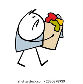 Cartoon disgruntled character carries a basket full of dirty laundry. Vector illustration of housewife tired with grimace on her face going to wash children clothes. Funny stickman isolated on white.