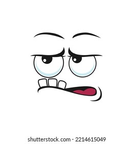 Cartoon disgruntled face, vector facial emoji with stick up teeth. Funny creature, emotion, comic character with toothy mouth and round eyes isolated on white background