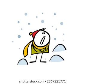 Cartoon disgruntled frozen stickman boy stands among the snowdrifts. Vector illustration of winter snowfall and cold blizzard. Funny person on white background.