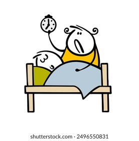 Cartoon disgruntled woman wakes up a man for work. Vector illustration of  stickman sleeping in  crib, his wife standing and holding an alarm clock.  Student does not want to get up for school in bed.