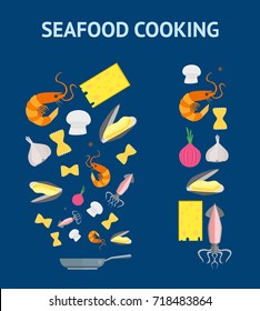 Cartoon Dish and Ingredients Set Flat Design Style Cooking Seafood Concept for Kitchen, Restaurant. Vector illustration
