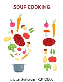 Cartoon Dish and Ingredients Set Flat Design Style Cooking Soup Concept for Kitchen, Restaurant. Vector illustration