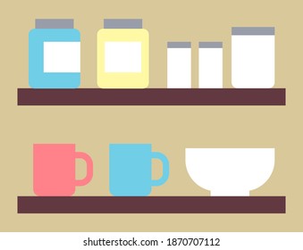 Cartoon dishes, cups, salt and pepper shakers, bulk storage containers, deep white bowl, glass jars with lids. Kitchen utensils on shelves. Crockery and kitchen containers. Flat vector image