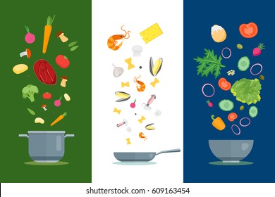 Platos de caricaturas e ingredientes decoran el concepto de cocina de diseño plano para cocina, restaurante. Ilustración del vector