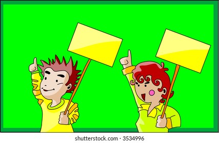 Cartoon display a man and a lady with blank placards.