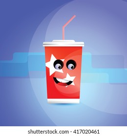 Cartoon disposable cups with straws and face.Icon attractive for fast-food cinema.