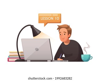 Cartoon distance education icon with boy taking online lessons using laptop vector illustration