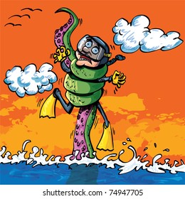 Cartoon diver attacked by tentacle coming out of the water