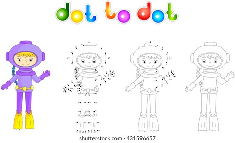 Cartoon diver. Coloring book and dot to dot educational game for kids