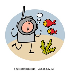 Cartoon diver descended to  bottom of the sea and walk on the sand with algae. Vector illustration an explorer of the depths of the ocean met tropical red fish. Humans and wildlife, aquatic animals.
