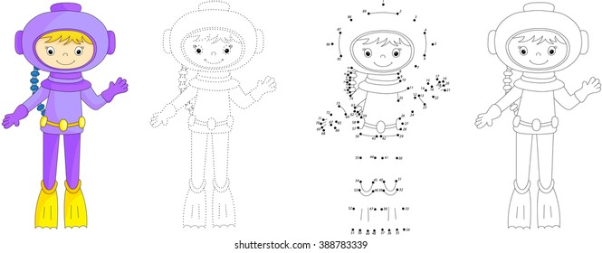 Cartoon diver. Dot to dot educational game for kids