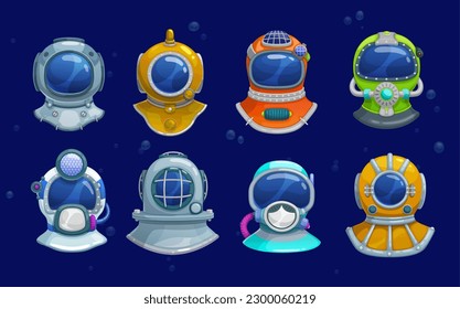 Cartoon diver helmets of deep sea scuba diving suit equipment. Vector vintage underwater helmets with color breathing masks, face plates, air ducts and exhaust valves on blue background with bubbles