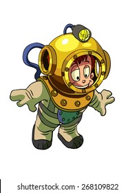 Cartoon Diver in old diving suit 