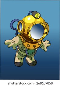 Cartoon Diver in old diving suit 