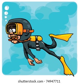 Cartoon diver swimming underwater. Blue sea behind him