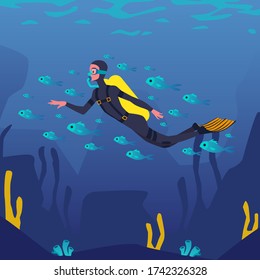 Cartoon diver swimming underwater surrounded by group of small fish. Man in mask and costume scuba diving in sea with marine animals - flat vector illustration