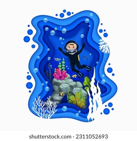 Cartoon diver and underwater paper cut sea landscape, vector undersea in papercut. Boy kid diving in scuba aqualung in sea or ocean deep water with coral reef fishes and seaweeds in paper cut layers