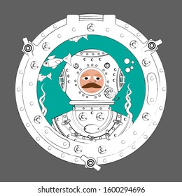 A cartoon diver in a vintage diving suit looks from the side of the ocean into the porthole. In the background are fish and underwater plants. Sketch. Vector illustration