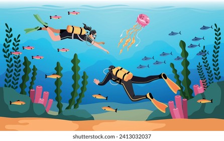 Cartoon divers under water. People with scuba gear and oxygen tanks are engaged in diving. Ocean sport. Extreme hobby. Exploration of seabed. Underwater swimming. Tidy vector concept