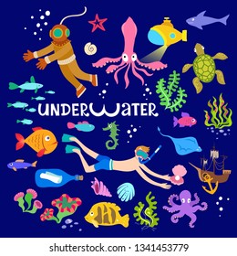 Cartoon Divers, Underwater Flora and Fauna Illustration Vector Set