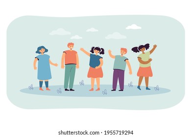 Cartoon diverse children group standing and smiling together. Flat vector illustration. African, American, Asian boys and girls international unity. Ethnic diversity, friendship, school concept