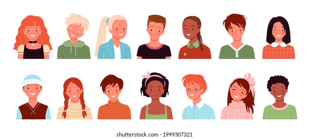 Cartoon diverse cute face portraits of boy girl, child user characters isolated on white. Profile avatars for social media or blog account, school children smiling vector illustration set.