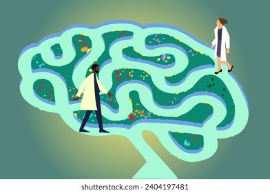 Caricatura de diversos médicos caminando dentro del cerebro humano. 2.ª ilustración