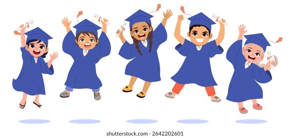 Cartoon of a diverse group of elementary school children celebrating their graduation by jumping with joy vector illustration. Drawing for education and multicultural celebration themes
