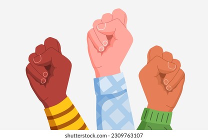 Cartoon Diverse Hands Protest, Human Rights Activists Fight with Discrimination and Against War. Revolution, Strike, Sexual Lgbt Equality Demonstration. Vector Illustration