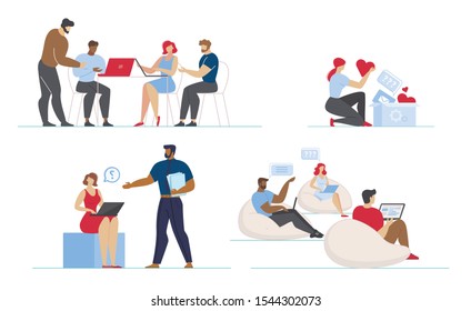Cartoon Diverse Multiracial People Characters Blogging Flat Set. Social Media Marketing, Targeting and Ecommerce. Freelancers Bloggers Working on Laptop, Sharing Coworking Space. Vector Illustration