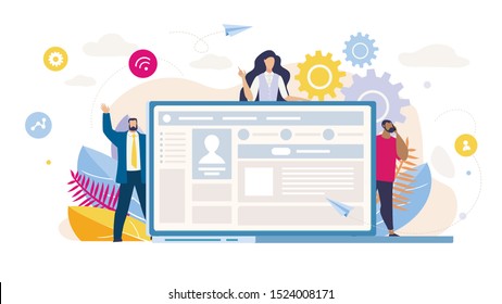 Cartoon Diverse Multiracial People Group Business, Office Staff and Customers Characters. Flat Big Computer Monitor with Opened Network Account. Social Media Digital Marketing. Vector Illustration