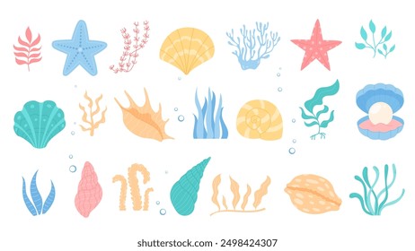 Cartoon diverse ocean set including seashells, aquatic plants, starfish, and corals. Colorful marine life underwater elements, kelp, seagrass on white. Cute and isolated illustrations.