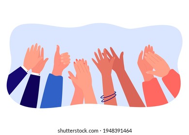 Cartoon diverse people hands applauding flat vector illustration. Multinational audience expressing appreciation and respect, symbolizing win or triumph. Celebration, success, tradition concept