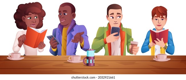 Cartoon diverse people in modern coffeehouse. Young characters sitting at bar counter and drinking coffee, working, using phone, reading book or surf on the internet. Women and men together front view