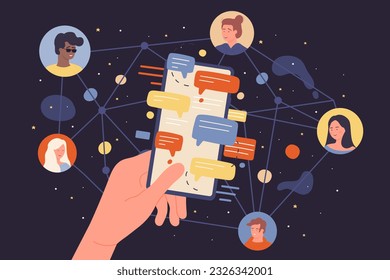 Cartoon diverse team of customers using social media chat service, person holding phone with sms flat illustration. People connect to global network for online communication with friends dark concept