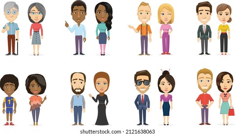 Cartoon Diversity People Set Isolated On Transparent Background. 16 Different Cartoon Characters Designed In A Flat Style - On Different Ethnicity, Young And Old, Woman And Man, Business And Casual.