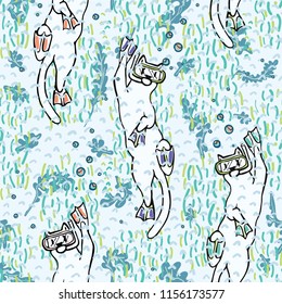 Cartoon Diving Cats Vector Pattern, Seamless Water Background , Seaweed Bubbles Snorkeling Kitties for Kids Sport Fashion, Summer Beach Apparel, Childrens Funny Underwater Aqua Character Illustration