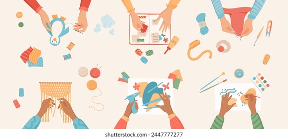 Cartoon DIY craft hobby activity concept, top view hands create painting and scrapbooking craftwork background, handicraft art class banner, handmade kid workshop vector illustration.