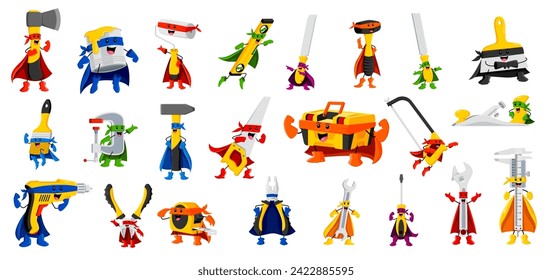Cartoon diy and repair tool characters in superhero costumes. Vector hatchet, paint brush, spatula and jointer. Screwdriver, mallet, drill, wrench or spanner. Trammel, chisel, hammer and saw defenders
