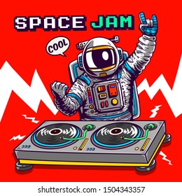 Cartoon Dj Astronaut Illustration Tee Shirt Wallpaper Logo Poster Print Graphic Design