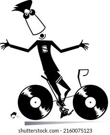 Cartoon DJ concept.
Funny person rides on the bike with vinyl records instead wheels black on white background
