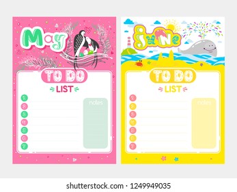 Cartoon To Do List design. Vector doodle illustrations. Inspirational organizer with cute animals and letters. Spring and Summer background, seasonal card. May, June