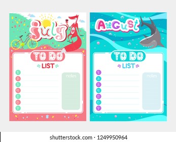 Cartoon To Do List design. Vector doodle illustrations. Inspirational organizer with cute animals and letters. Summer background, seasonal card. July, August