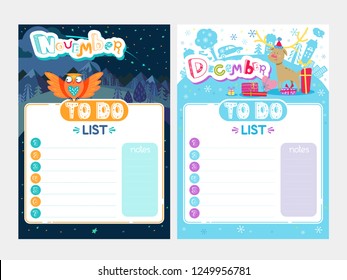 Cartoon To Do List design. Vector doodle illustrations. Inspirational organizer with cute animals and letters. Winter and Autumn background, seasonal card. November, December