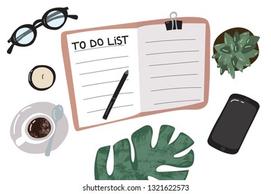 Cartoon To Do List or Planning Concept Include of Notebook Planner, Pen, Cup, Mobile and Glasses. Vector illustration